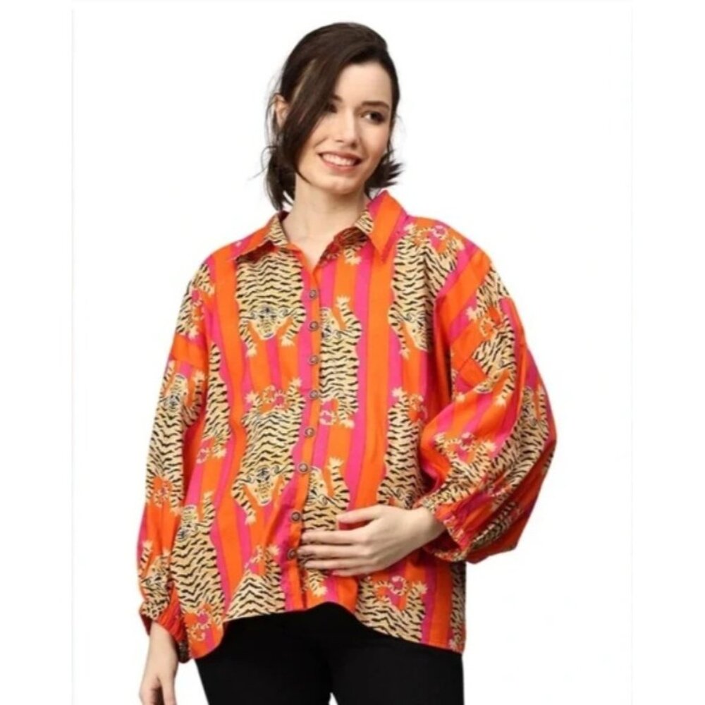 Fox & Hen Pink Orange Tiger Print Button Front Blouse Cotton Statement Top M